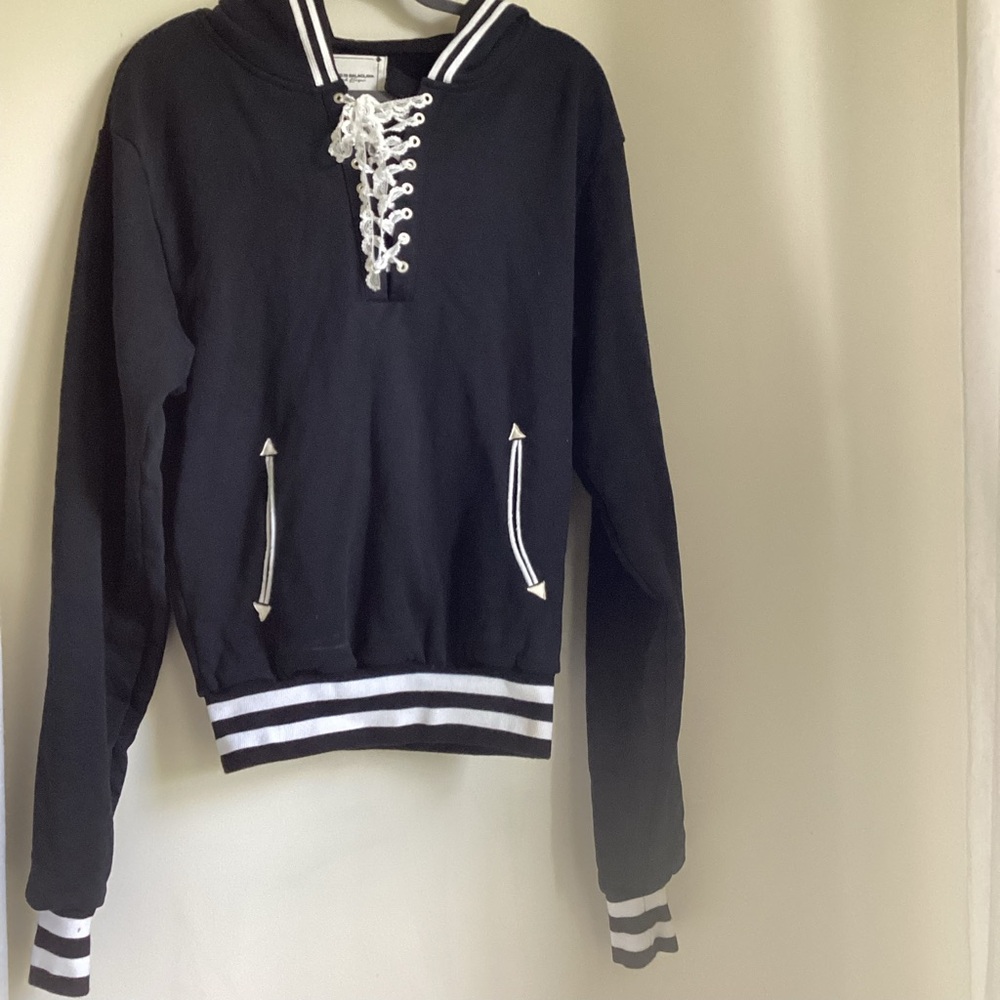 Youths In Balaclava Hoodie Black White Kangaroo Pocket Medium Varsity Lace Tie